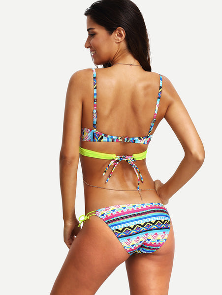 Tribal Print Ruched Crisscross Bikini Set