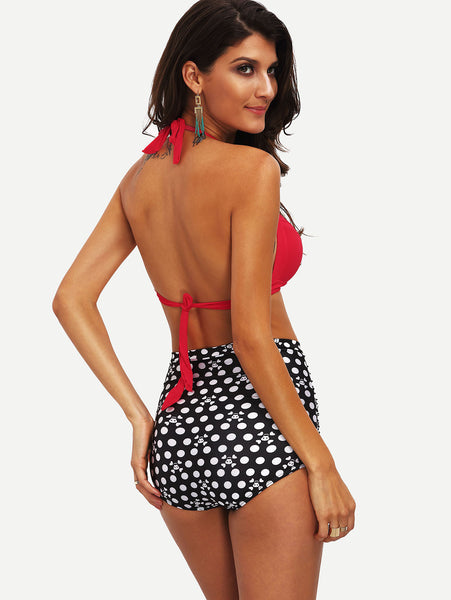 Halter Dot och Blomtryck Vintage Bikini Set